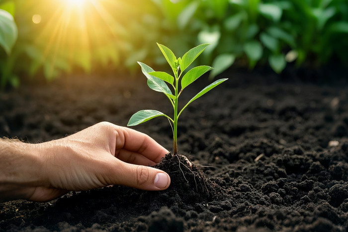 Hand gently touching soil near a fresh green bud symbolizing healthy growth with the best phosphorus fertilizer.