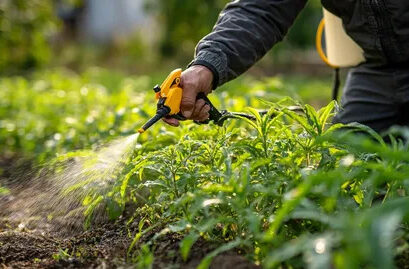 Gardener spraying water soluble fertilizer on healthy vegetable plants in a garden field.