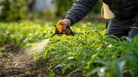 Gardener spraying water soluble fertilizer on healthy vegetable plants in a garden field.