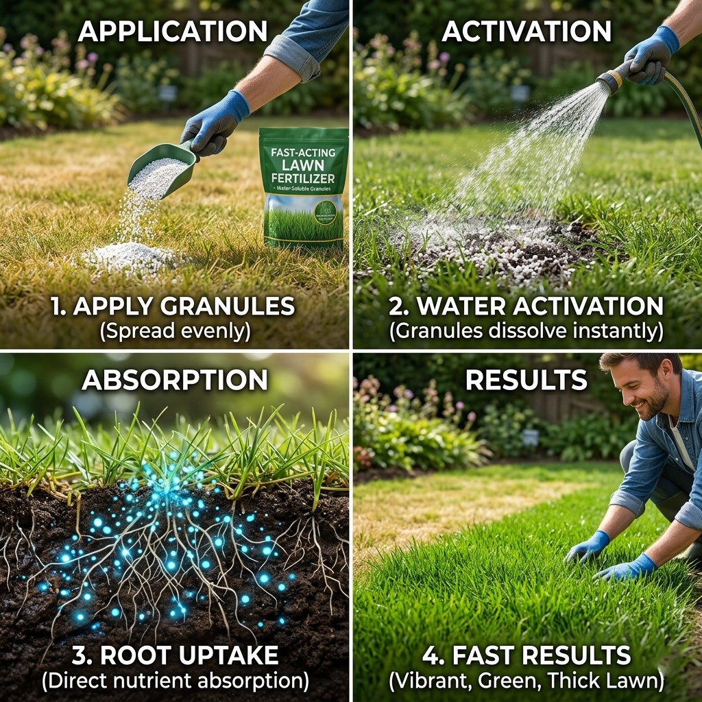 A 4-step infographic showing how fast-acting lawn fertilizer works: applying granules, watering to dissolve them, root uptake underground, and a vibrant green lawn result.