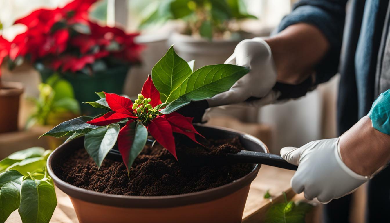Repotting poinsettia plant with fresh potting mix and fertilizer for healthy roots