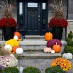 Fall porch decorating ideas with colorful mums, pumpkins, and potted plants arranged on front steps.