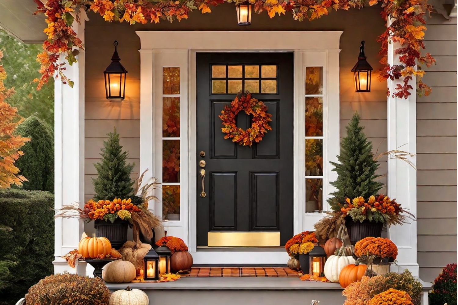 Cozy front porch decorated for fall with pumpkin display, wreath, and autumn flowers