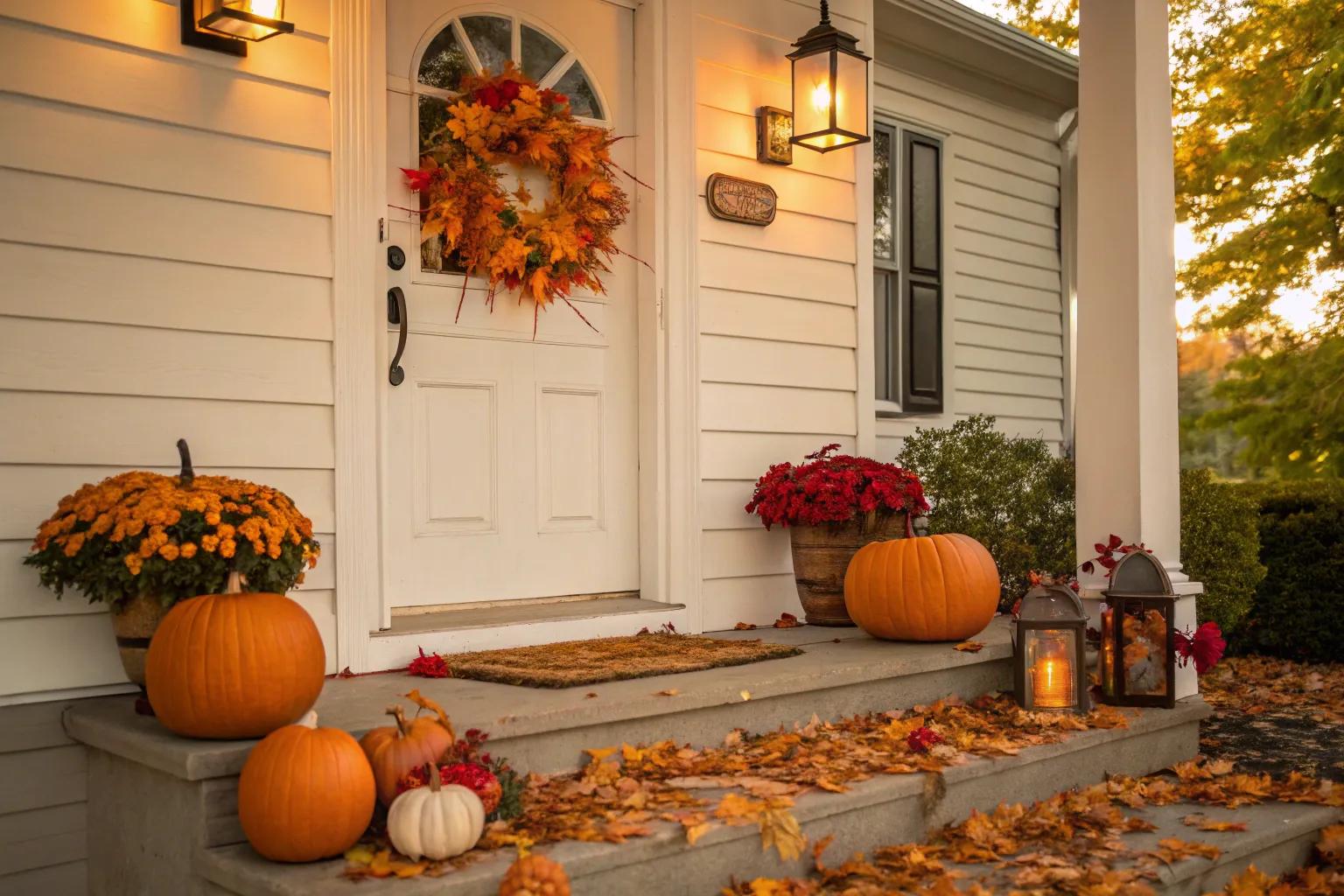 Decorating porch for fall with pumpkins, mums, lanterns, and autumn leaves.