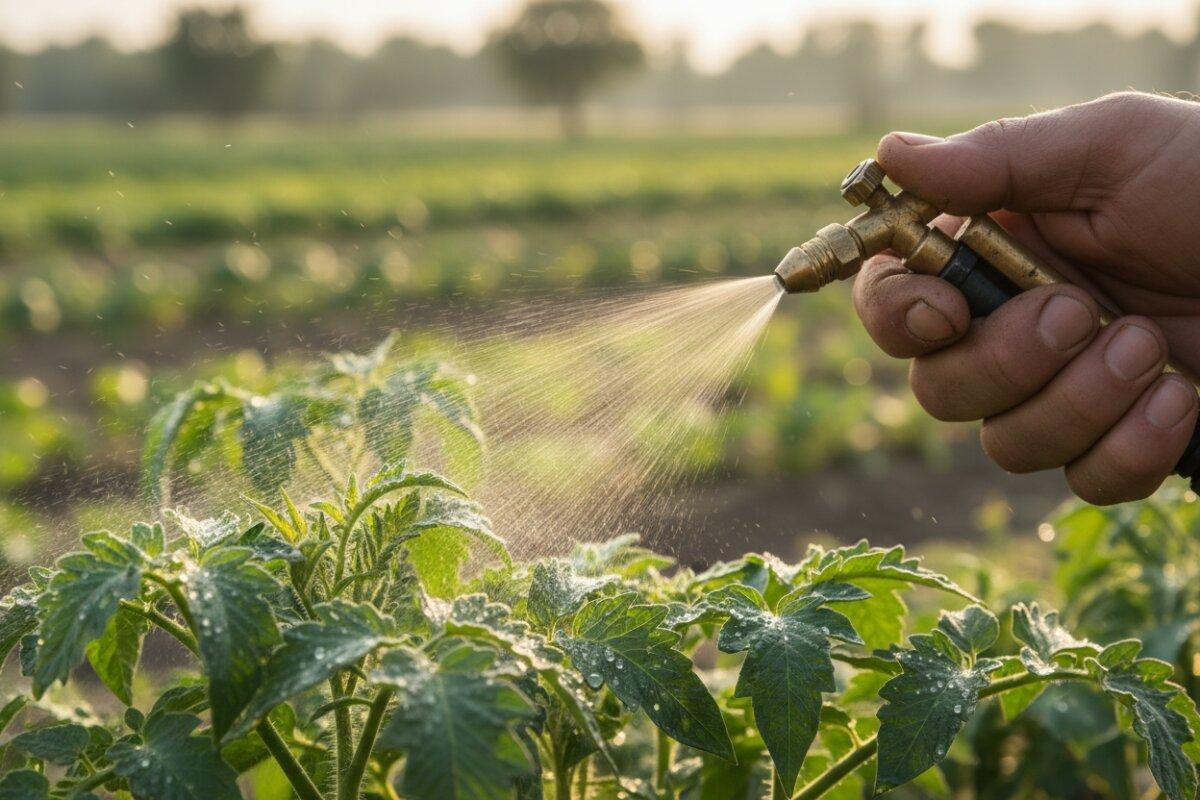 Hand spraying water soluble fertilizer mist onto vegetable plant leaves in a farm field.