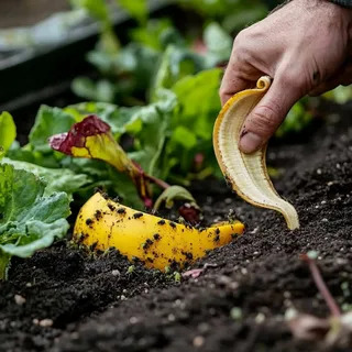 Gardener placing banana peel into soil as organic potassium fertilizer