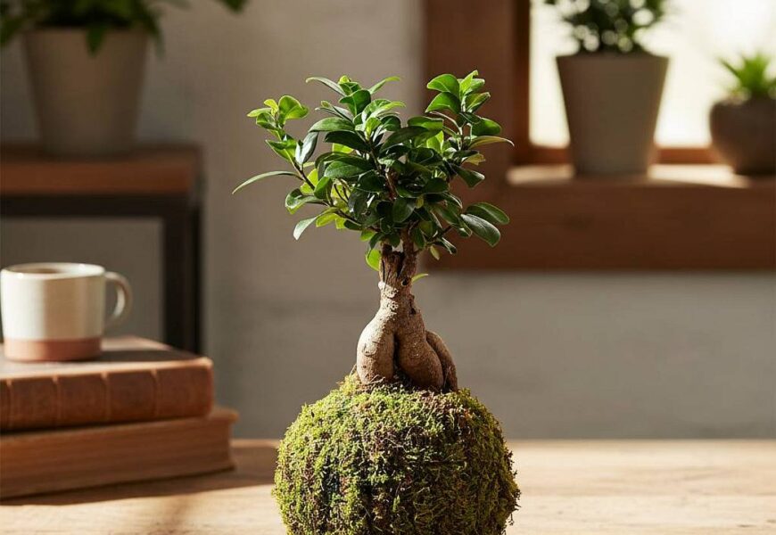 Bonsai-style kokedama plant displayed on a wooden table indoors