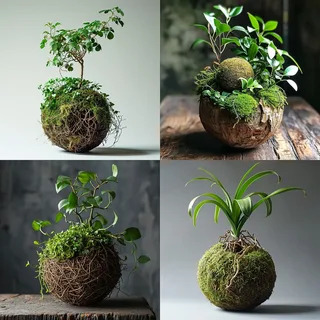 Collection of decorative best kokedama plants with moss-covered root balls