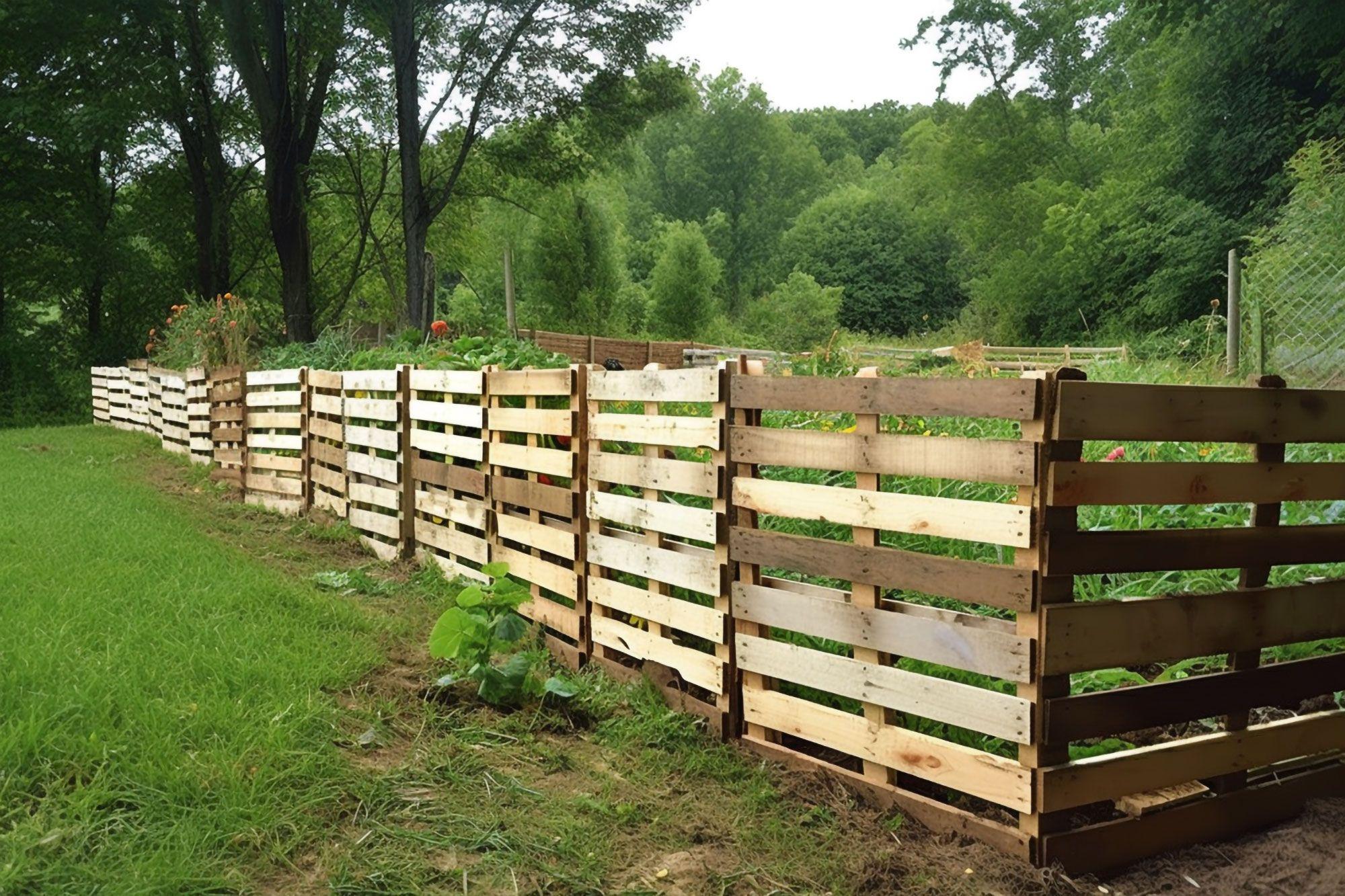 Cheap DIY pallet fence idea for backyard landscaping and garden enclosure on a budget