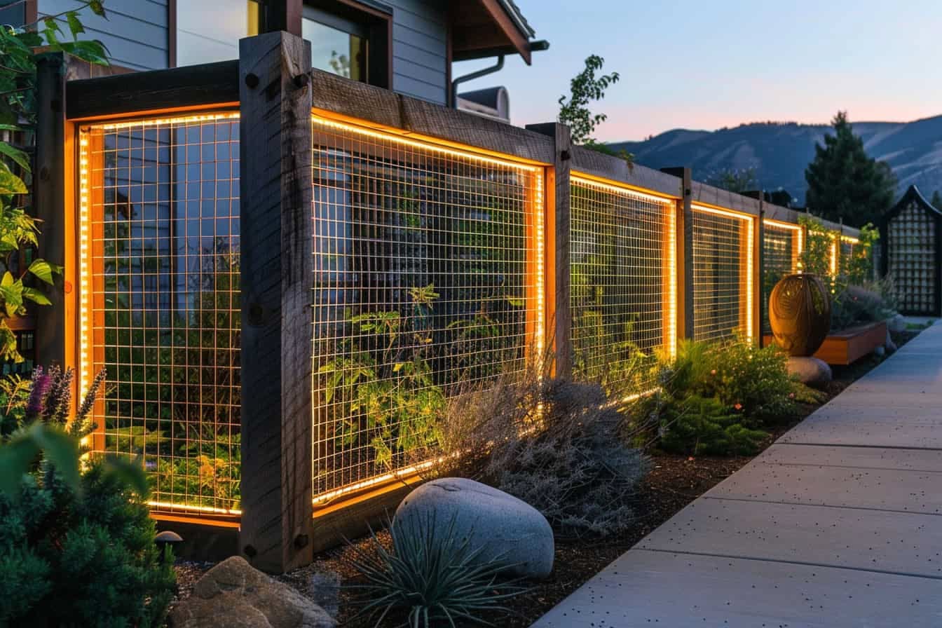Modern inexpensive wire fence with decorative LED lighting for a stylish outdoor space