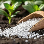 White nitrogen fertilizer granules being added to garden soil near healthy green plants.