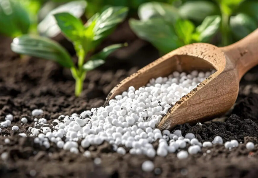 White nitrogen fertilizer granules being added to garden soil near healthy green plants.