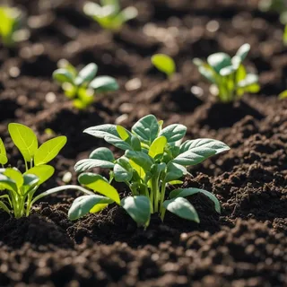 Young plants growing in compost-enriched topsoil in a garden bed.