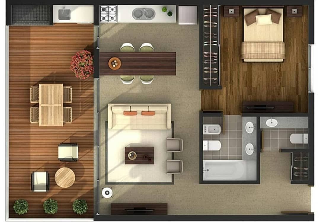 Modern studio apartment layout with open kitchen, living area, and smart furniture arrangement for small spaces.