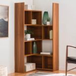 Modern wooden corner bookshelf for apartment storage and stylish small space organization.