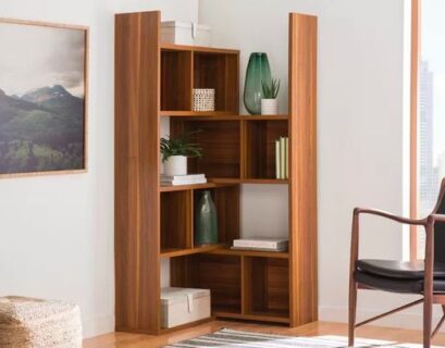 Modern wooden corner bookshelf for apartment storage and stylish small space organization.