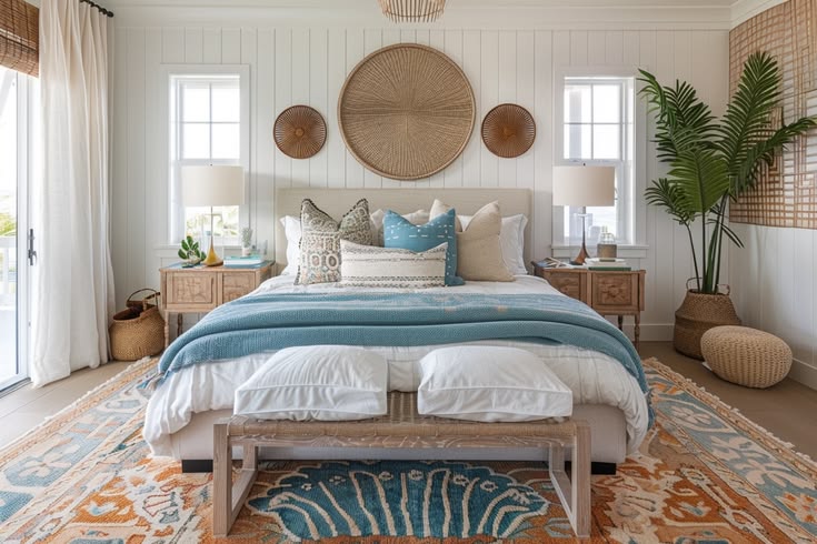Coastal bedroom decor with woven wall art, soft blue bedding, natural textures, and airy seaside-inspired design.