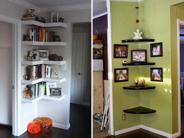 Small apartment corner storage shelves with decorative wall-mounted organization ideas for maximizing unused space.