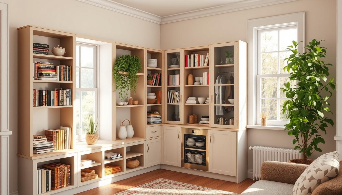 Cozy apartment living room with built-in corner storage shelves and organized bookcase design.