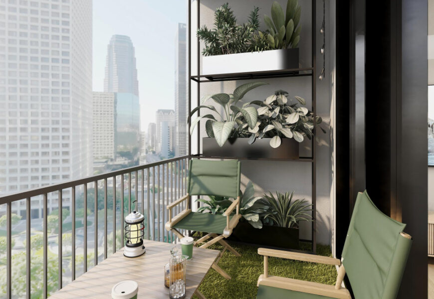 Small apartment balcony decor with cozy chair, plants, and modern shelving overlooking a city skyline.
