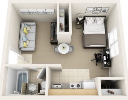 Compact studio apartment floor plan with separate sleeping area, workspace, and efficient storage solutions.