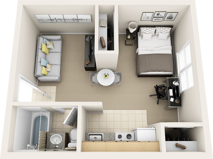 Compact studio apartment floor plan with separate sleeping area, workspace, and efficient storage solutions.