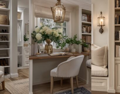 Elegant apartment organization setup with built-in shelves, hidden storage, and neatly styled living room decor.