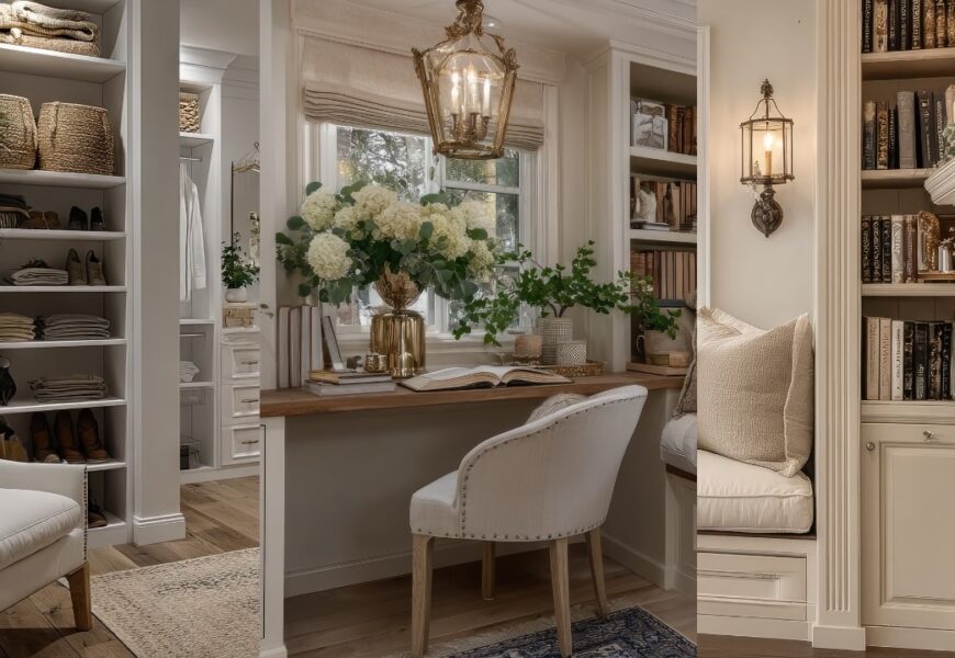 Elegant apartment organization setup with built-in shelves, hidden storage, and neatly styled living room decor.