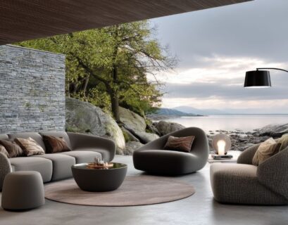 Organic modern living room with curved furniture, natural stone walls, and earthy neutral decor.