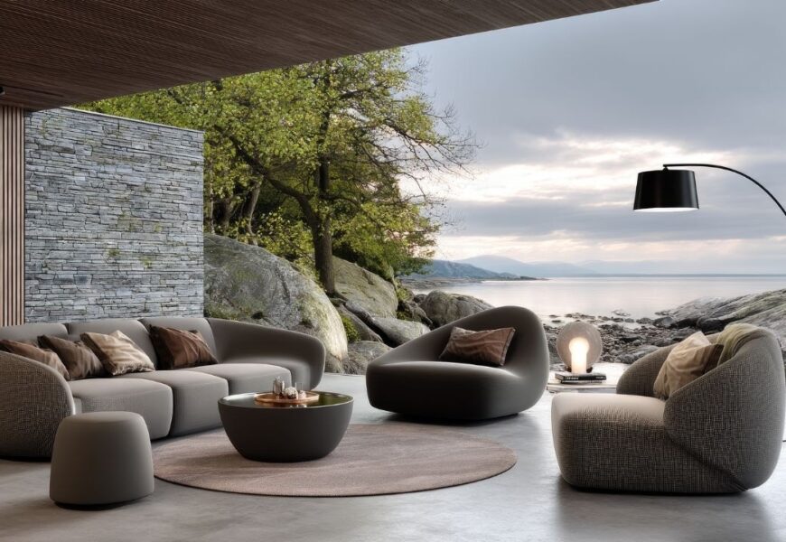 Organic modern living room with curved furniture, natural stone walls, and earthy neutral decor.