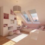 Cottagecore bedroom with pink decor, skylights and cozy reading nook