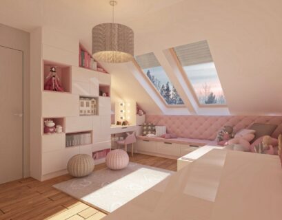Cottagecore bedroom with pink decor, skylights and cozy reading nook