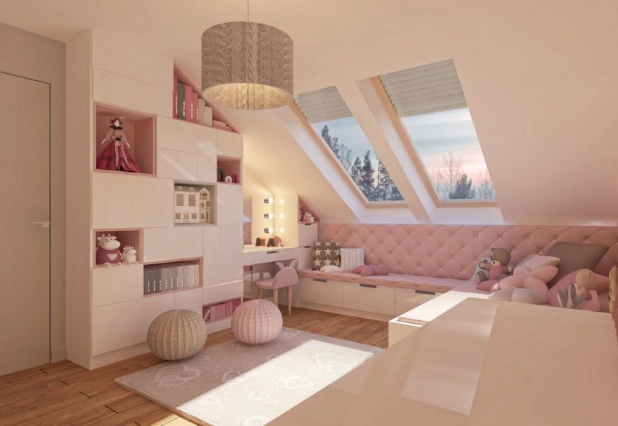 Cottagecore bedroom with pink decor, skylights and cozy reading nook