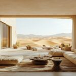 Desert modern decor living room with warm neutral tones, large windows, and minimalist desert-inspired styling