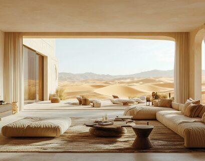 Desert modern decor living room with warm neutral tones, large windows, and minimalist desert-inspired styling