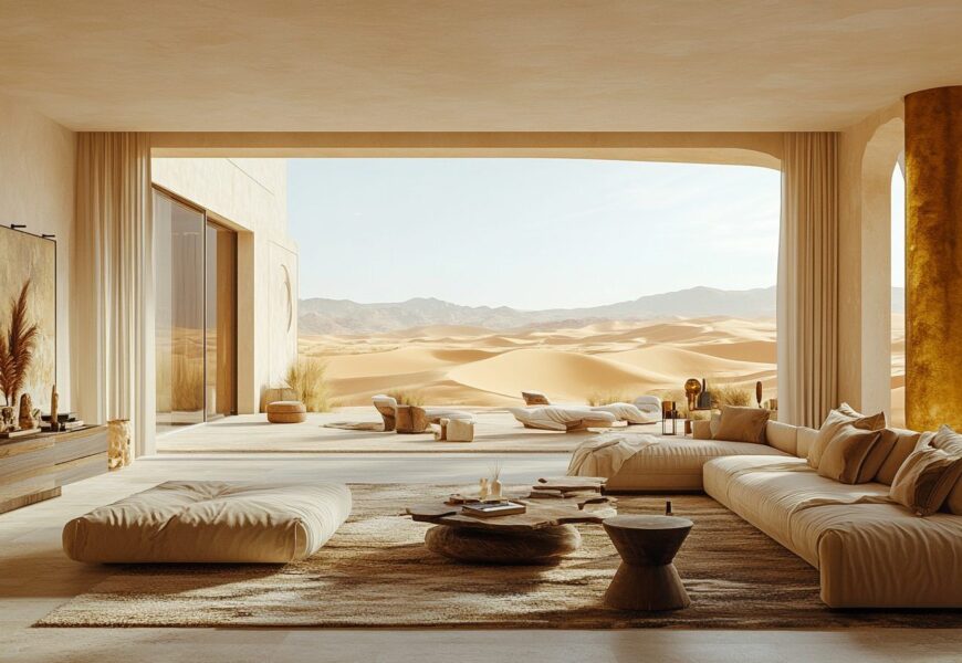 Desert modern decor living room with warm neutral tones, large windows, and minimalist desert-inspired styling