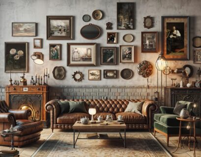 Vintage apartment decor living room with gallery wall, classic furniture, and antique-inspired interior styling