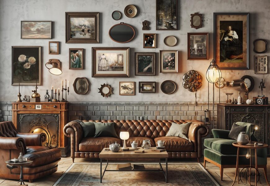 Vintage apartment decor living room with gallery wall, classic furniture, and antique-inspired interior styling