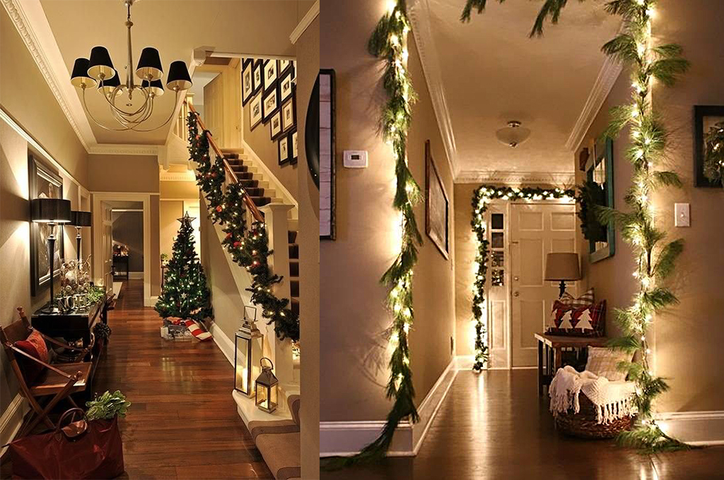 Cozy January house decorations with warm lighting, garlands, and winter-inspired hallway decor inside a stylish home.
