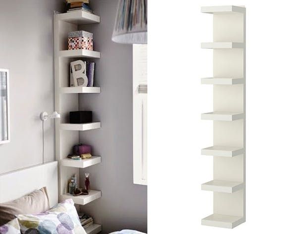 Minimalist white corner shelving unit designed for compact apartment storage and organization.