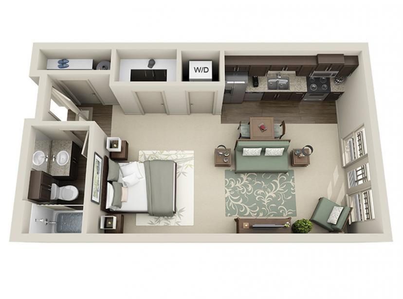 Stylish studio apartment layout with open floor plan, compact kitchen, and multifunctional living space.