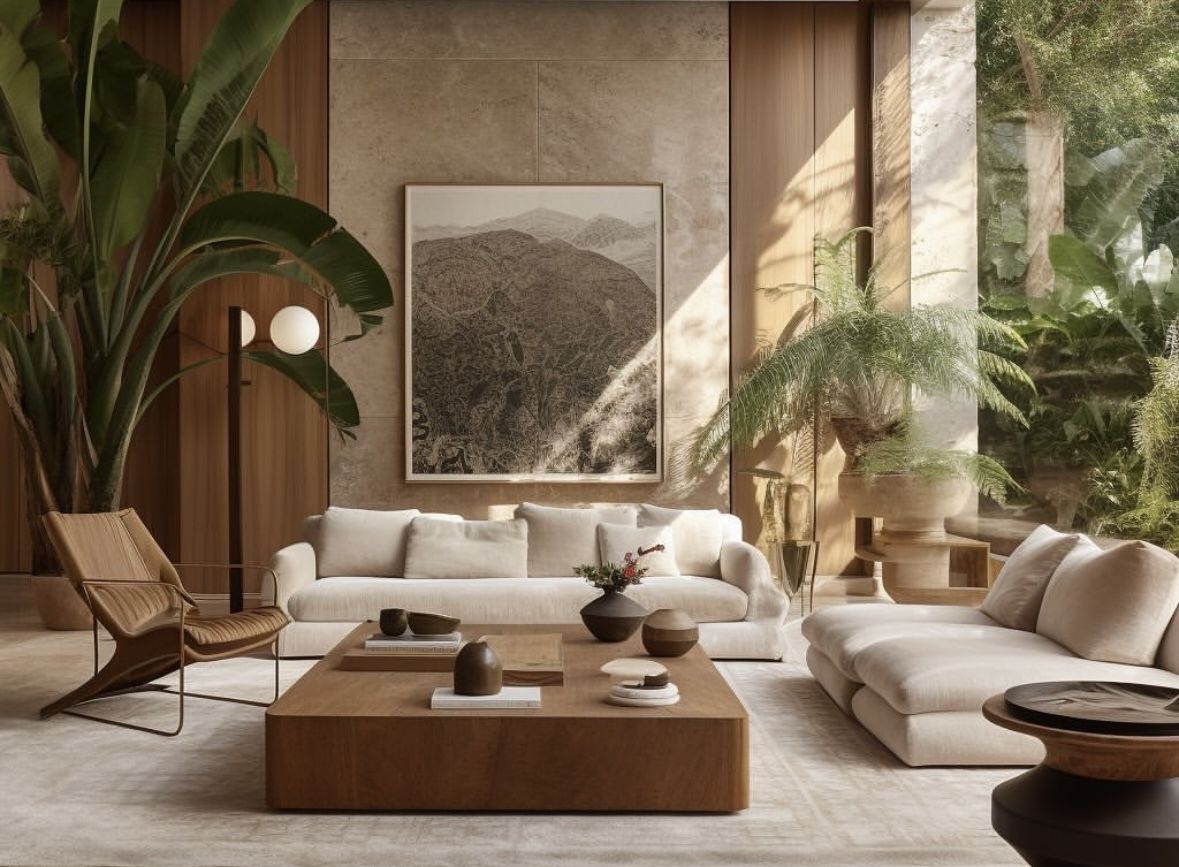 Elegant organic modern interior with neutral furniture, indoor plants, and warm natural lighting.