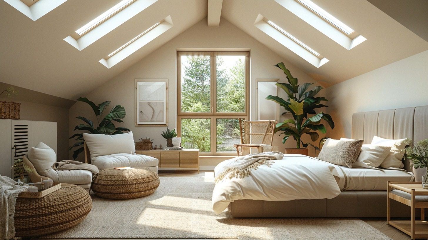 Cozy cottagecore bedroom with skylights, neutral bedding and indoor plants