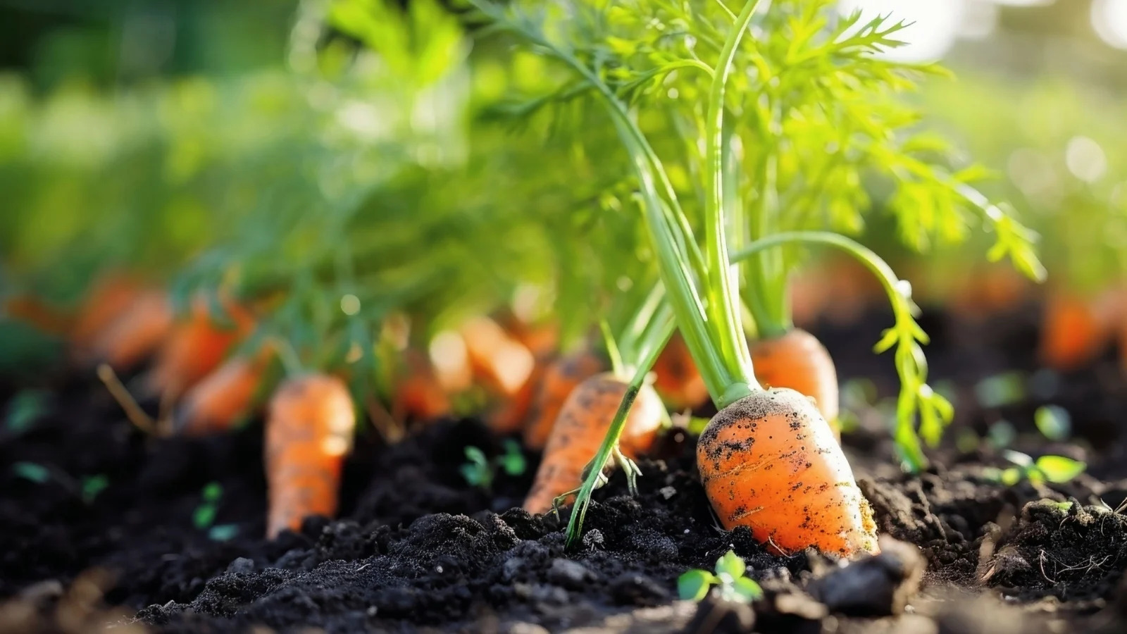 Young heat tolerant carrots growing in rich garden soil under warm sunny conditions.