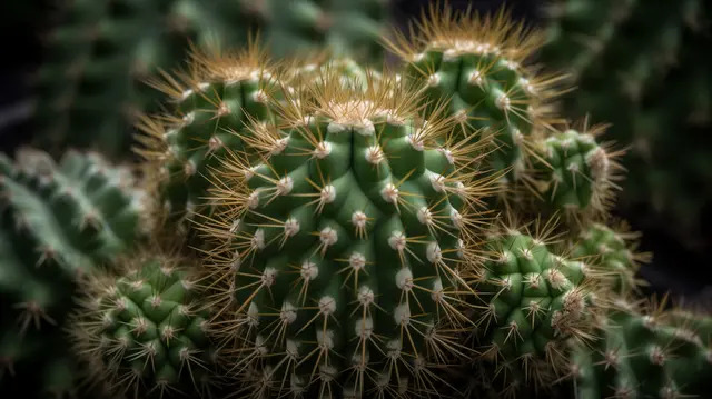 Small clustered cactus plants with sharp spines growing in natural sunlight and producing fresh oxygen.