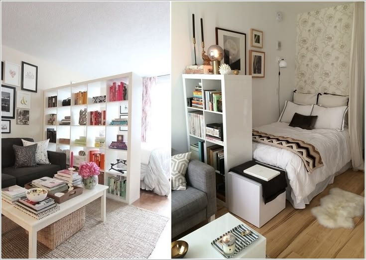 Cozy tiny apartment interior with smart storage furniture and space-saving bedroom organization ideas.