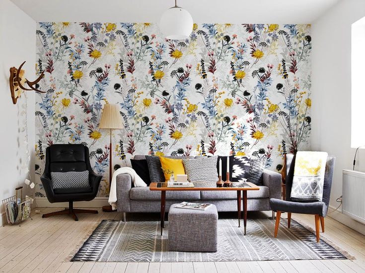Living room with colorful removable wallpaper and stylish temporary decor ideas for apartments and rental homes.