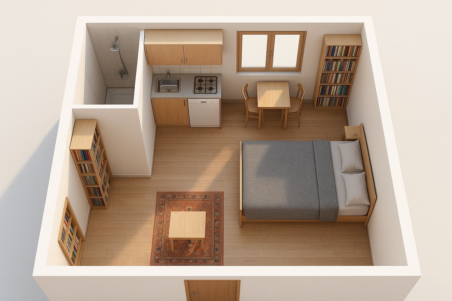 Minimalist studio apartment floor plan with cozy bedroom area and efficient furniture placement for small homes.