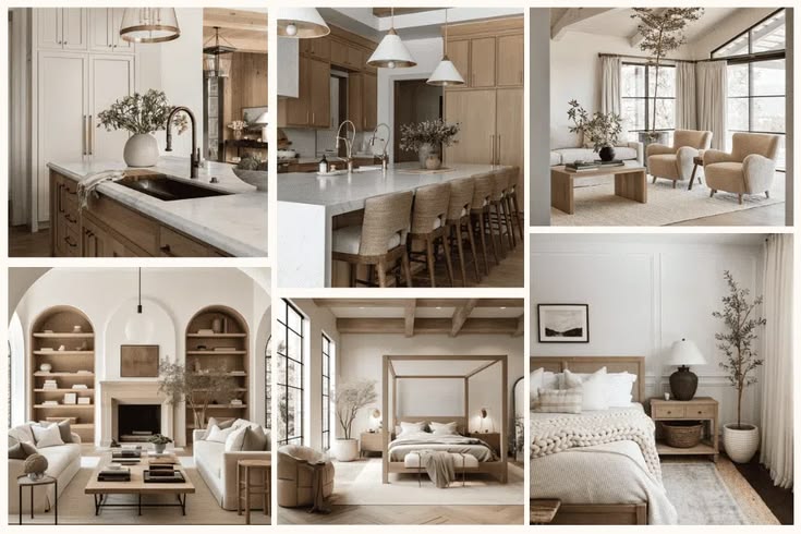 Collection of organic modern home decor ideas featuring minimalist interiors, warm textures, and natural materials.