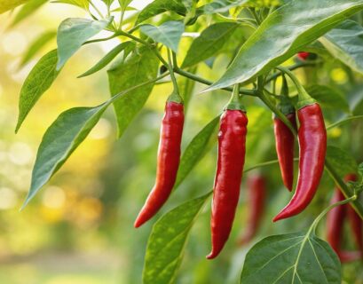 Red chili peppers growing on a healthy garden plant after successful paper towel seed germination.
